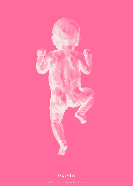 Birth poster — Olivia (bubblegum/cream pose1 ink-wash)