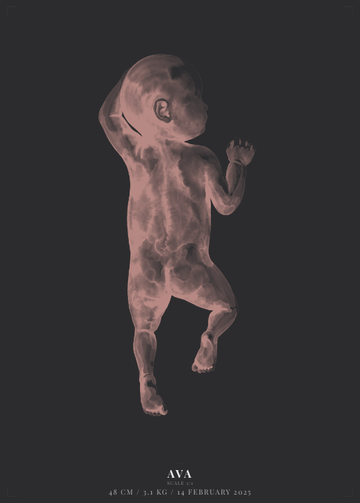 Birth poster — Ava (charcoal/rose-gold pose3 ink-wash)