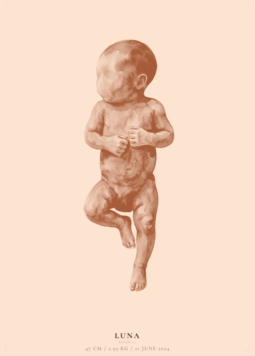 Birth poster — Luna (peach/terracotta ink-wash pose5)