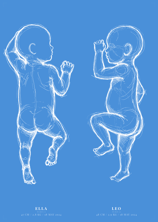 Birth poster — TWINS Ella & Leo (ocean/white sketch)