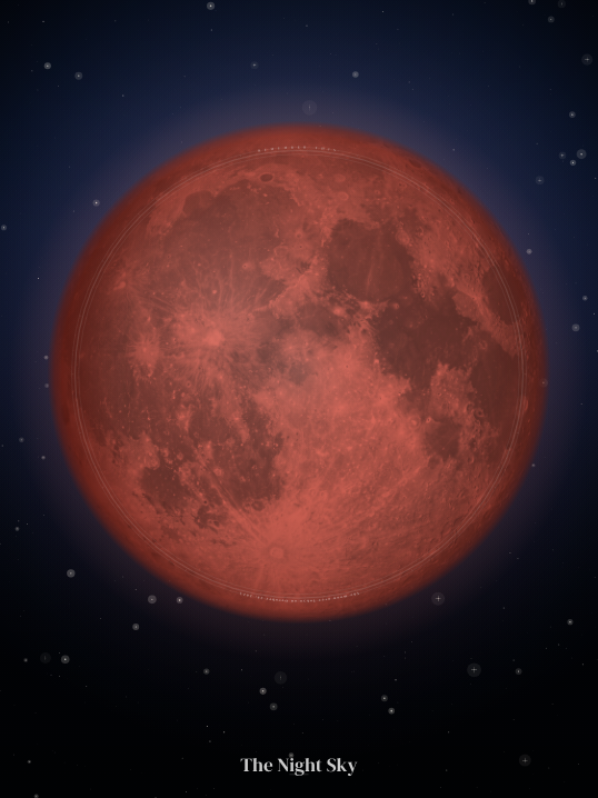 Moon phase poster — The Night Sky (navy arc, blood)